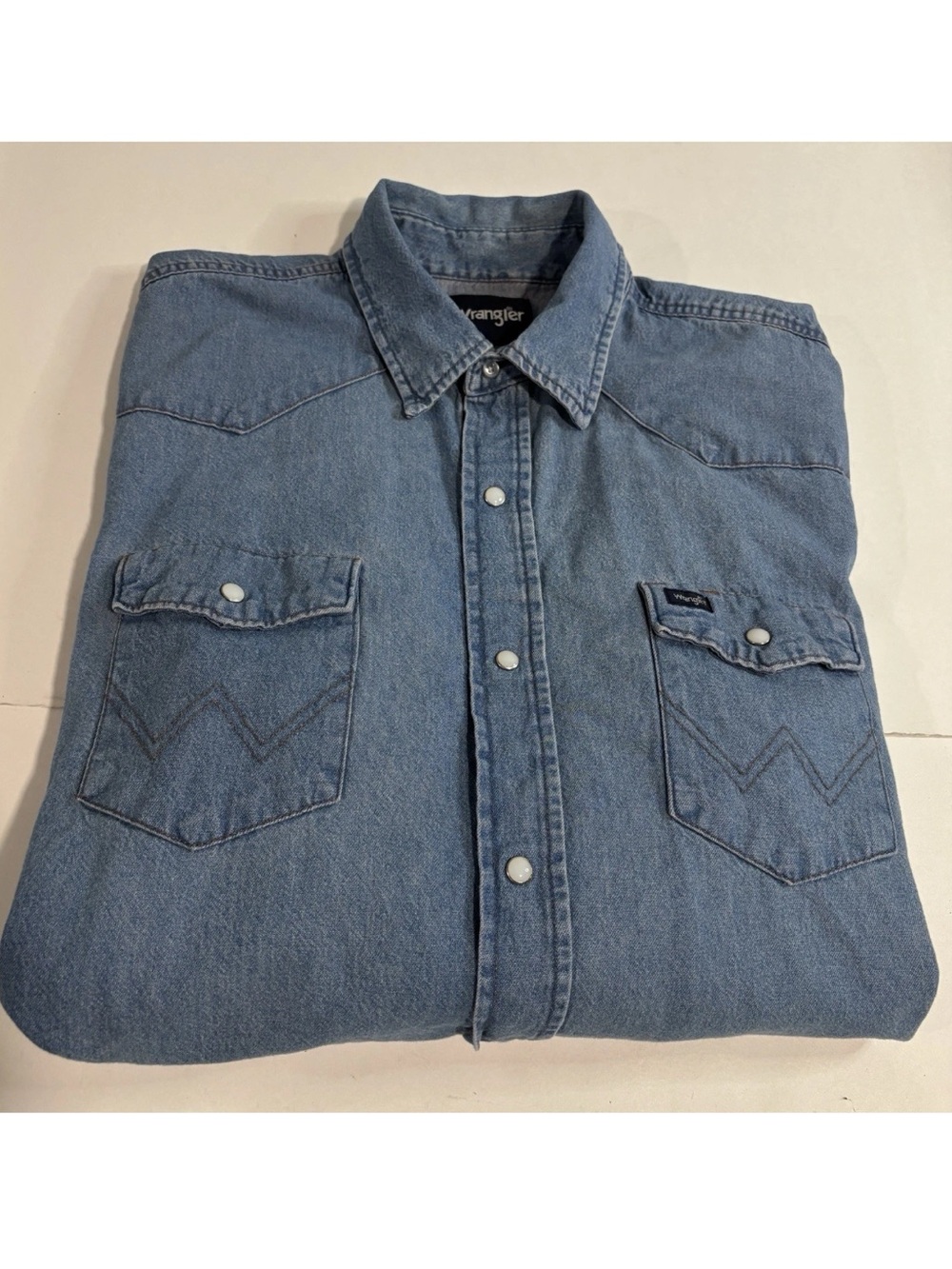 Wrangler Denim Western Shirt Men XLT Blue Long Sleeve Pearl Snap Cotton
